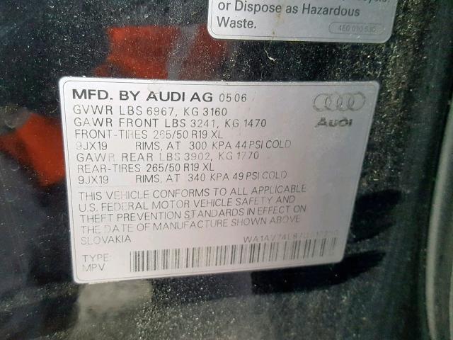 WA1AV74L87D017290 - 2007 AUDI Q7 4.2 QUA BLACK photo 10