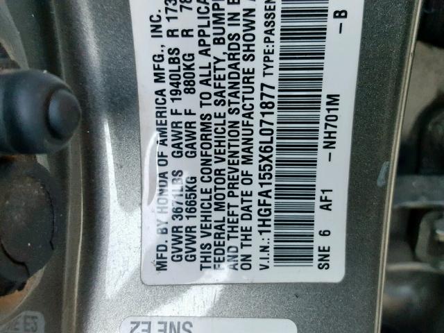 1HGFA155X6L071877 - 2006 HONDA CIVIC LX GRAY photo 10