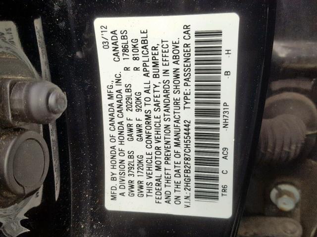 2HGFB2F87CH554442 - 2012 HONDA CIVIC EX BLACK photo 10