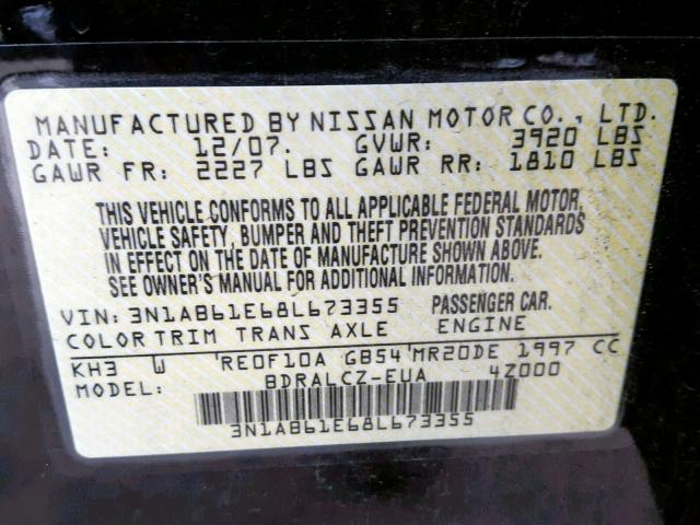 3N1AB61E68L673355 - 2008 NISSAN SENTRA 2.0 BLACK photo 10