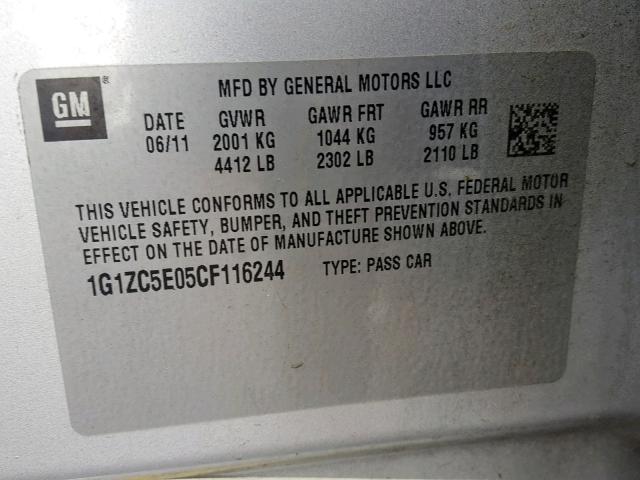 1G1ZC5E05CF116244 - 2012 CHEVROLET MALIBU 1LT SILVER photo 10