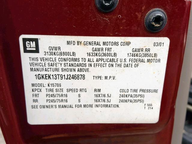 1GKEK13T91J246878 - 2001 GMC YUKON MAROON photo 10