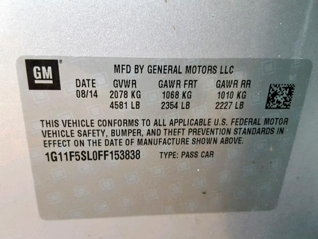 1G11F5SL0FF153838 - 2015 CHEVROLET MALIBU LTZ SILVER photo 10