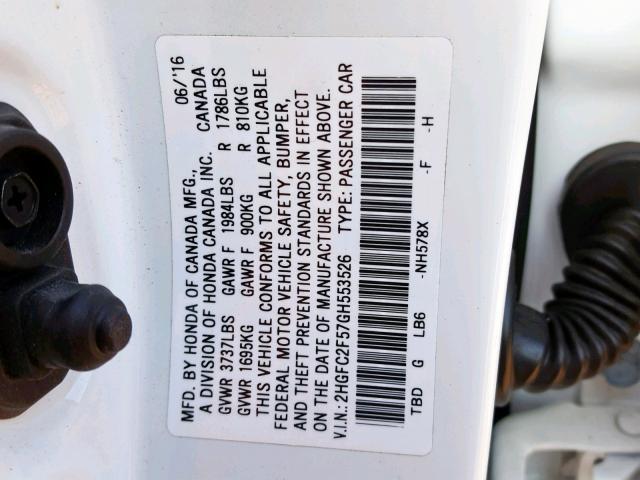 2HGFC2F57GH553526 - 2016 HONDA CIVIC LX WHITE photo 10