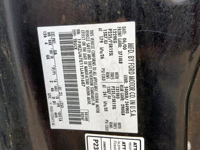 1FMZU67E11UA91687 - 2001 FORD EXPLORER S BLACK photo 10
