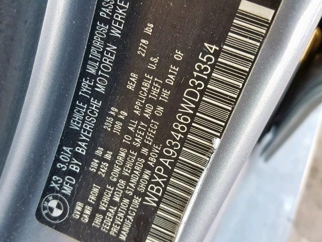 WBXPA93486WD31354 - 2006 BMW X3 3.0I GRAY photo 10