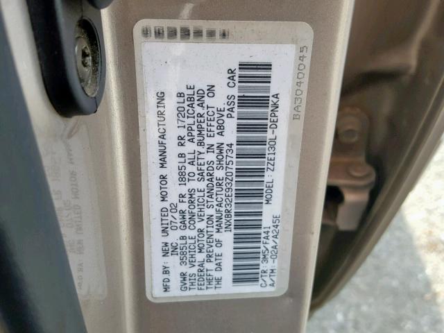 1NXBR32E93Z075734 - 2003 TOYOTA COROLLA CE 金色 照片 10