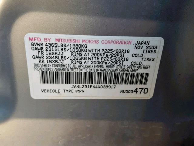 JA4LZ31FX4U038917 - 2004 MITSUBISHI OUTLANDER SILVER photo 10