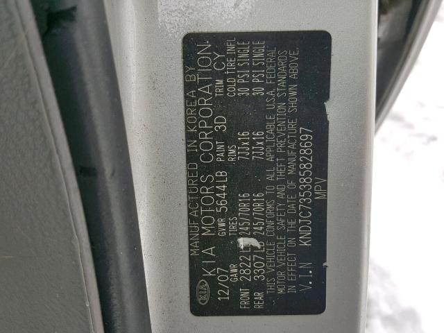 KNDJC735385828697 - 2008 KIA SORENTO EX SILVER photo 10