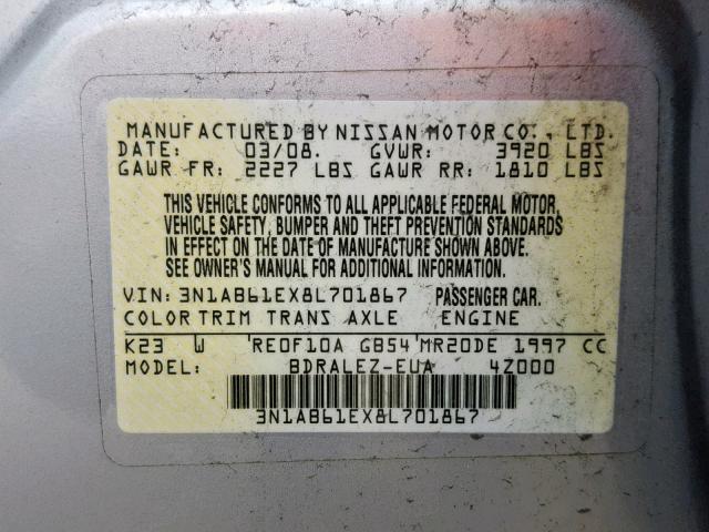 3N1AB61EX8L701867 - 2008 NISSAN SENTRA 2.0 GRAY photo 10