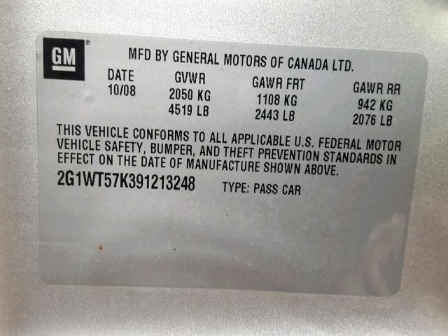 2G1WT57K391213248 - 2009 CHEVROLET IMPALA 1LT SILVER photo 10