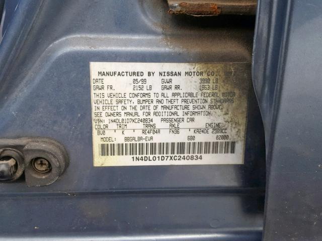 1N4DL01D7XC240834 - 1999 NISSAN ALTIMA XE BLUE photo 10