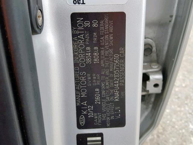 KNAFU4A21D5715610 - 2013 KIA FORTE EX SILVER photo 10