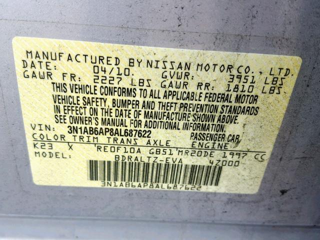 3N1AB6AP8AL687622 - 2010 NISSAN SENTRA 2.0 SILVER photo 10