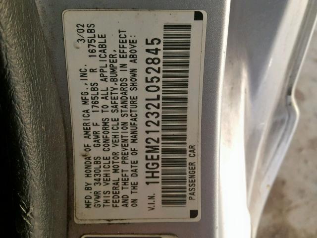 1HGEM21232L052845 - 2002 HONDA CIVIC DX SILVER photo 10