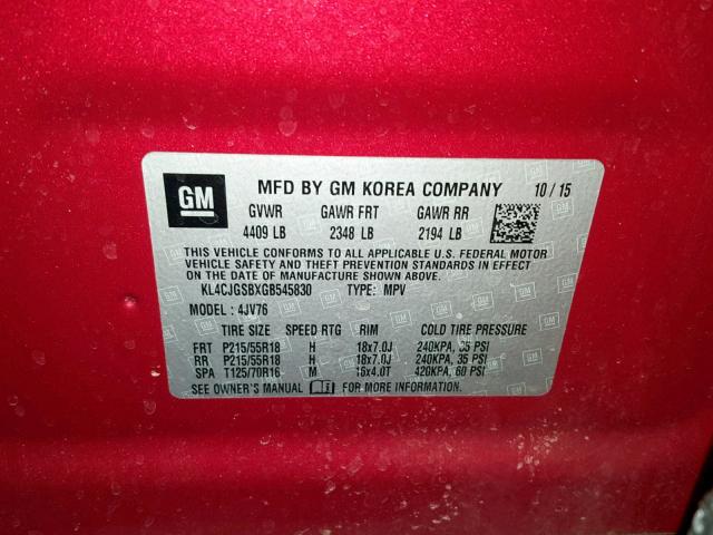 KL4CJGSBXGB545830 - 2016 BUICK ENCORE RED photo 10