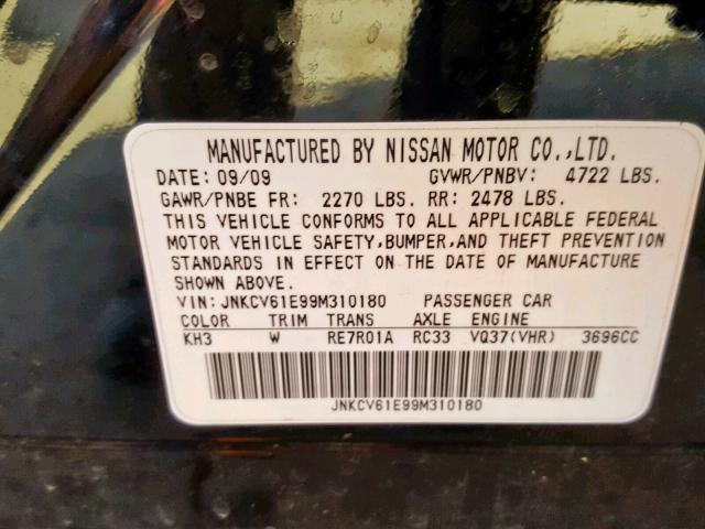 JNKCV61E99M310180 - 2009 INFINITI G37 BASE BLACK photo 10