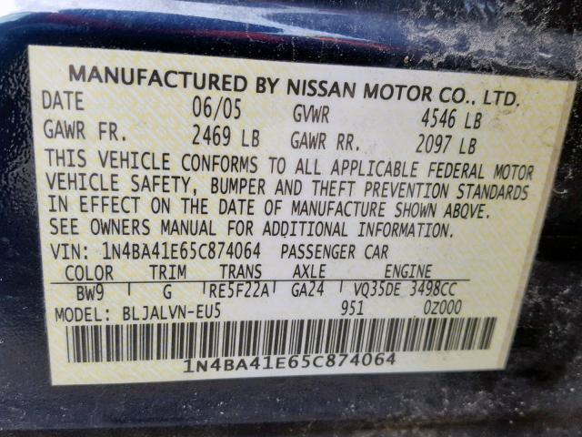 1N4BA41E65C874064 - 2005 NISSAN MAXIMA SE BLUE photo 10