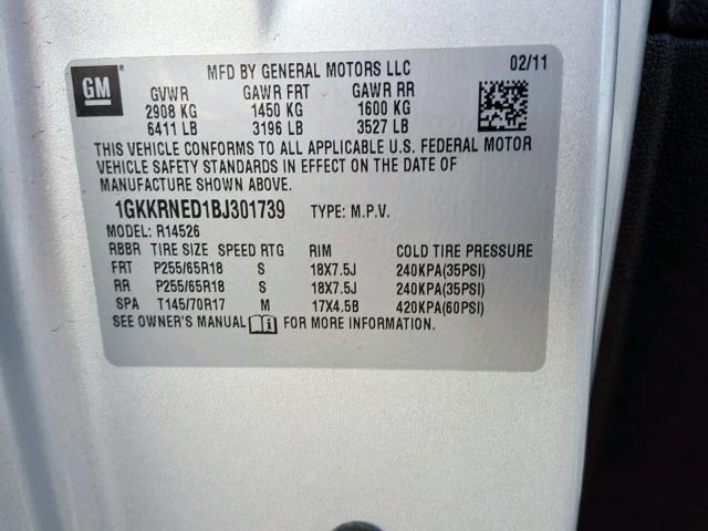 1GKKRNED1BJ301739 - 2011 GMC ACADIA SLE SILVER photo 10