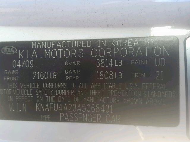 KNAFU4A23A5068431 - 2010 KIA FORTE EX WHITE photo 10