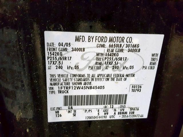 1FTRF12W45NB45405 - 2005 FORD F150 BLACK photo 10