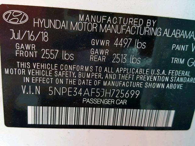 5NPE34AF5JH725699 - 2018 HYUNDAI SONATA SPO WHITE photo 10