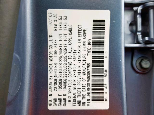 JHLRE38758C057755 - 2008 HONDA CR-V EXL BLUE photo 10