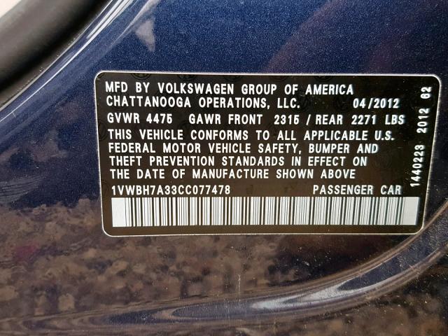 1VWBH7A33CC077478 - 2012 VOLKSWAGEN PASSAT SE BLUE photo 10