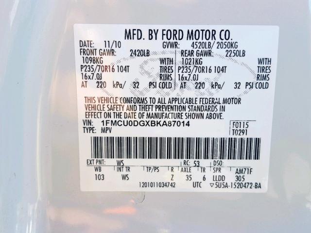 1FMCU0DGXBKA87014 - 2011 FORD ESCAPE XLT WHITE photo 10