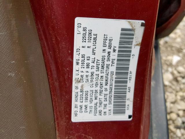 SHSRD78483U121420 - 2003 HONDA CR-V LX RED photo 10