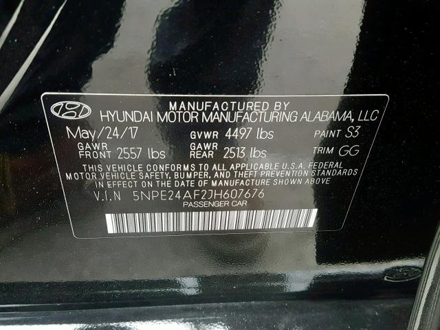 5NPE24AF2JH607676 - 2018 HYUNDAI SONATA SE BLACK photo 10