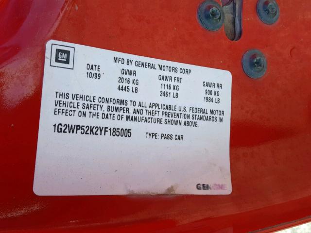 1G2WP52K2YF185005 - 2000 PONTIAC GRAND PRIX წითელი ფოტო 10