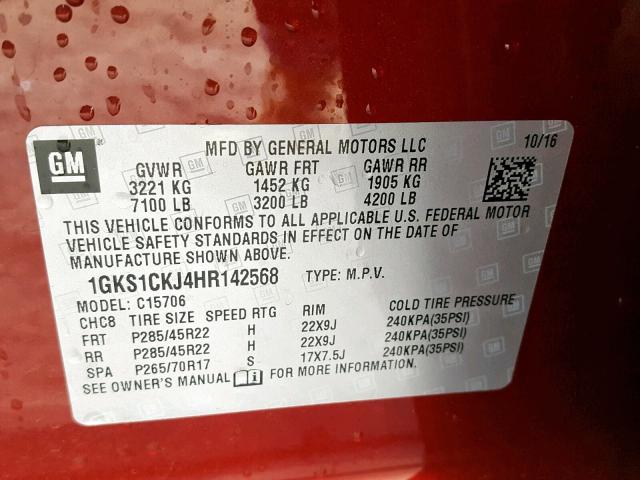 1GKS1CKJ4HR142568 - 2017 GMC YUKON DENA MAROON photo 10