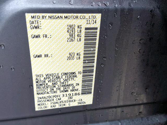 1N4AZ0CP0FC319186 - 2015 NISSAN LEAF S GRAY photo 10