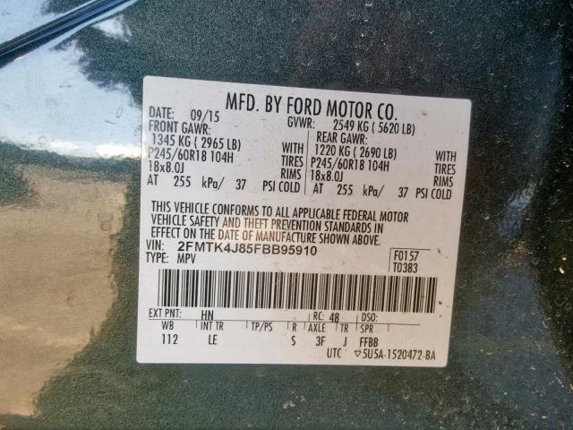 2FMTK4J85FBB95910 - 2015 FORD EDGE SEL CHARCOAL photo 10