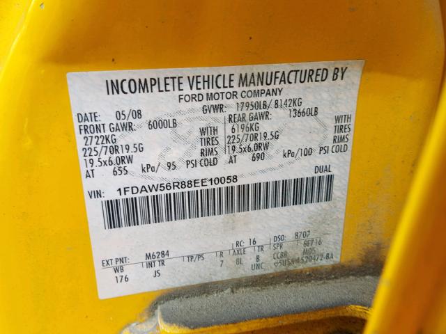 1FDAW56R88EE10058 - 2008 FORD F550 SUPER YELLOW photo 10