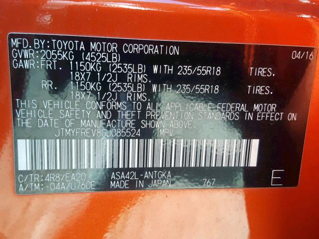 JTMYFREV8GJ085524 - 2016 TOYOTA RAV4 LIMIT ORANGE photo 10