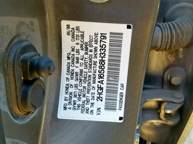 2HGFA16588H335791 - 2008 HONDA CIVIC LX GRAY photo 10