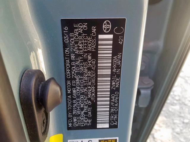 JTDKARFU4G3014240 - 2016 TOYOTA PRIUS GREEN photo 10