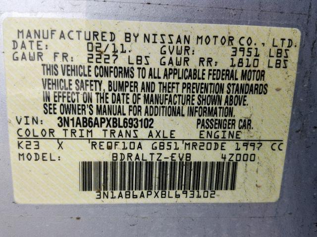 3N1AB6APXBL693102 - 2011 NISSAN SENTRA 2.0 SILVER photo 10