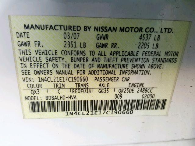 1N4CL21E17C190660 - 2007 NISSAN ALTIMA HYB WHITE photo 10