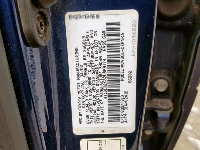 4T1BE32K32U589174 - 2002 TOYOTA CAMRY LE BLUE photo 10
