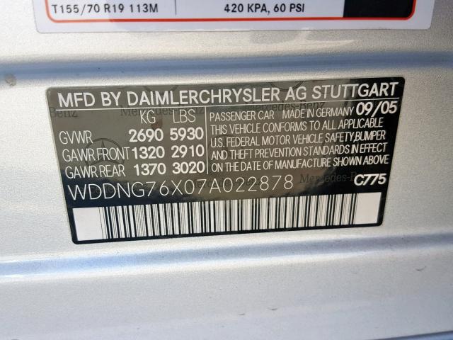 WDDNG76X07A022878 - 2007 MERCEDES-BENZ S 600 SILVER photo 10