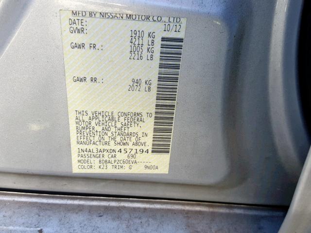 1N4AL3APXDN457194 - 2013 NISSAN ALTIMA 银色 照片 10