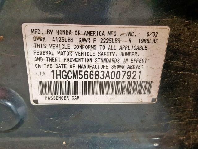 1HGCM56683A007921 - 2003 HONDA ACCORD EX GRAY photo 10