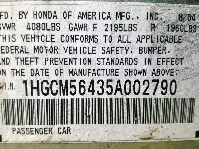 1HGCM56435A002790 - 2005 HONDA ACCORD LX SILVER photo 10