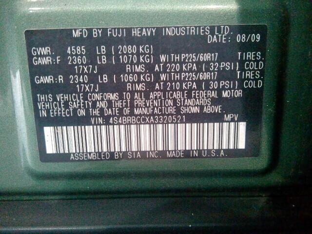 4S4BRBCCXA3320521 - 2010 SUBARU OUTBACK 2. GREEN photo 10