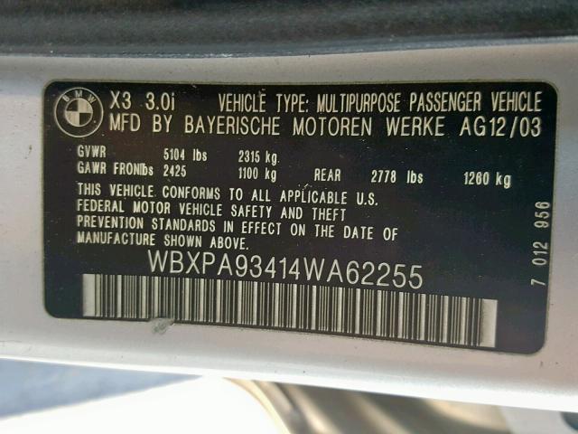WBXPA93414WA62255 - 2004 BMW X3 3.0I SILVER photo 10