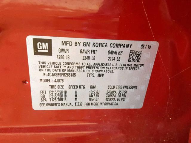 KL4CJASB9FB266185 - 2015 BUICK ENCORE RED photo 10