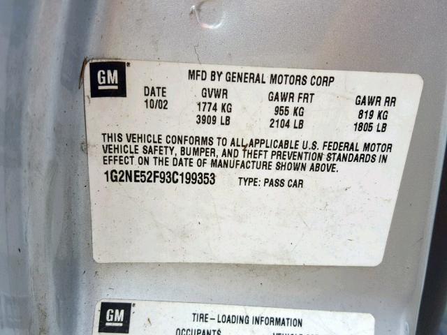 1G2NE52F93C199353 - 2003 PONTIAC GRAND AM S Արծաթագույն լուսանկար 10